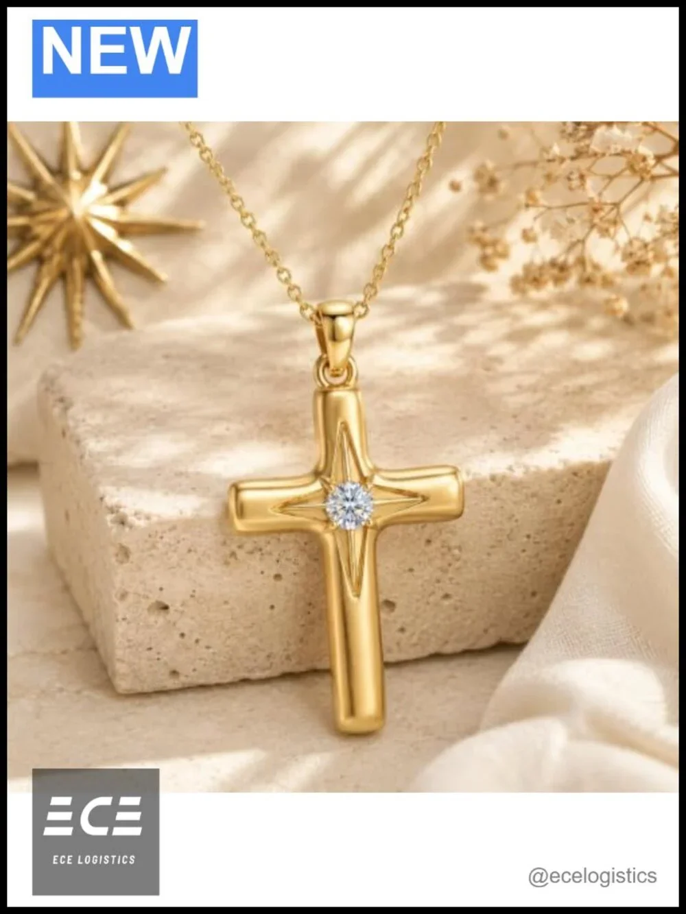 Compass Cross Pendant Necklace Gold Plated Brass Crystal 18 Inch